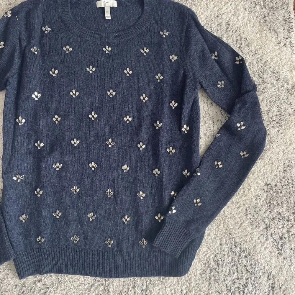 Joie Embellished Navy Blue Wool Cashmere Blend Sweater Size XS Holiday Sparkle